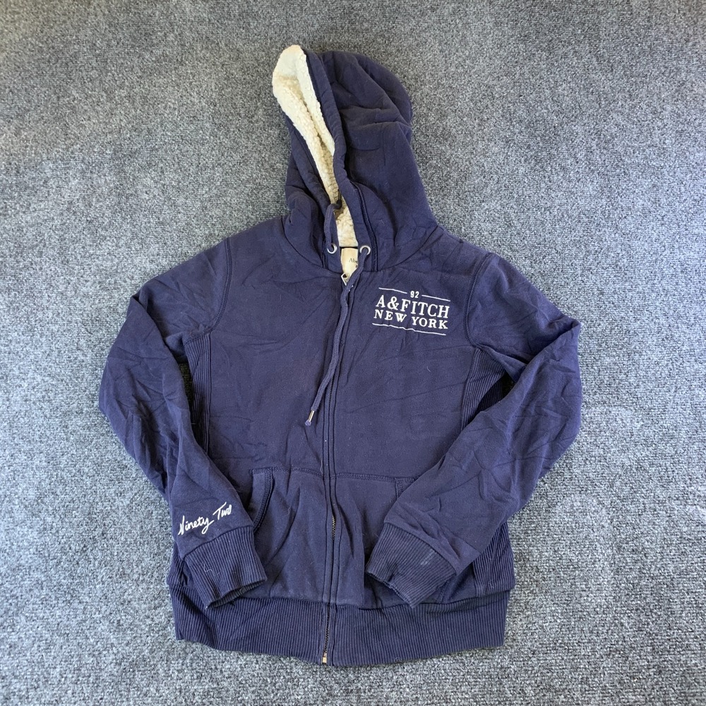 Abercrombie & Fitch Hoodie Womens S Navy Blue Sherpa Lined Full Zip Ribbed Panel